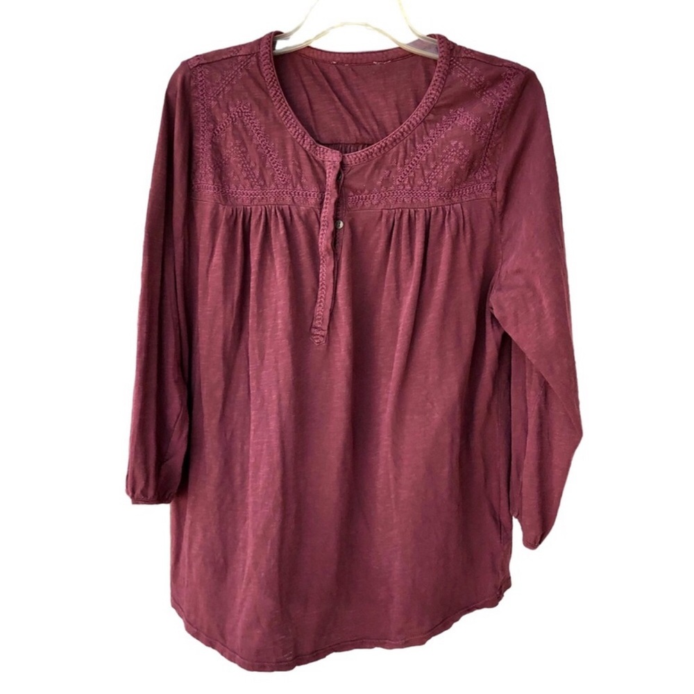 Unbranded Boho Embroidered Burgundy Blouse 3/4 Sleeve (1X) PL